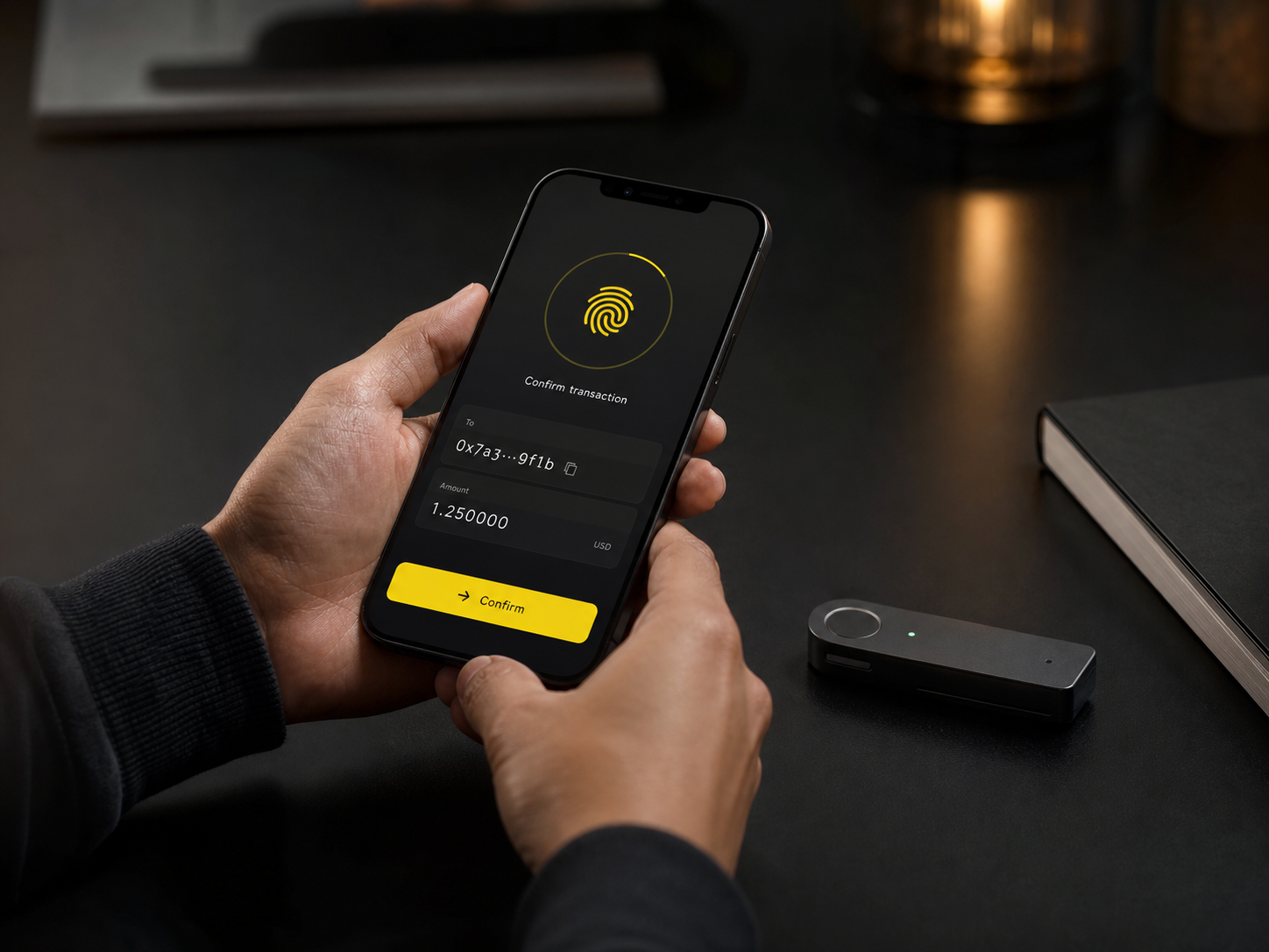 Hands confirming a wallet transaction on a secured external device